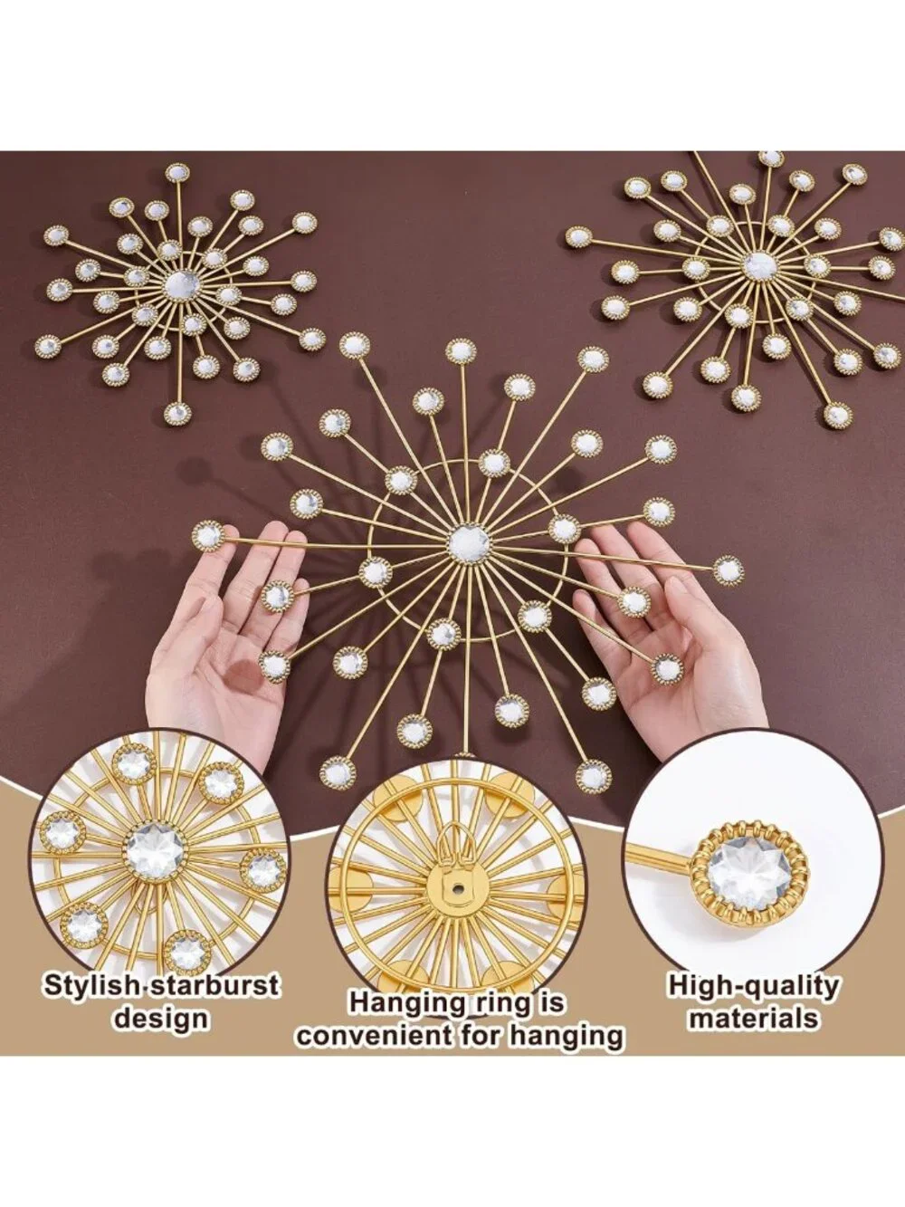 4pcs Sunburst Metal Wall Art Decor with Bling Crystal Accents for Home & Office